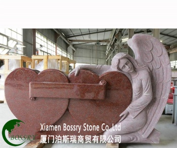 India Red Granite Angel  With Double Heart Tombstone